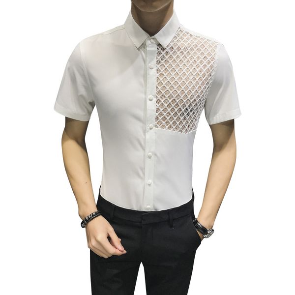 

casual british style man shirt fashion lace shirt mens dress summer slim fit short sleeve nightclub social shirts, White;black