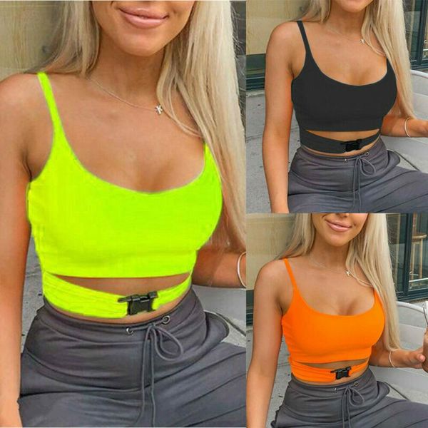 

AprilGrass Brand Designer Women Ladies Front Buckle Bralette Bralet Bra Bustier Fluorescent Solid Sleeveless Crop Top Bodycon Tank Top