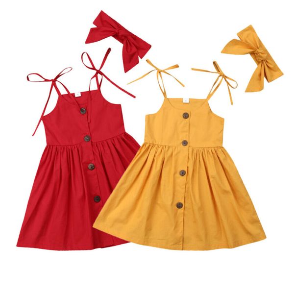 

2020 new 2pcs summer toddler girls princess strap dress + headband outfits party pageant dress, Red;yellow