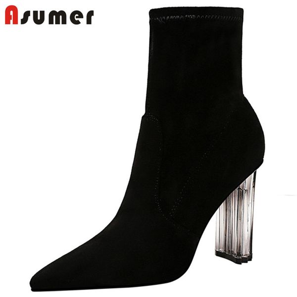 

asumer 2020 slim stretch boots women pointed toe high heel dress party shoes ladies autumn winter ankle boots women, Black
