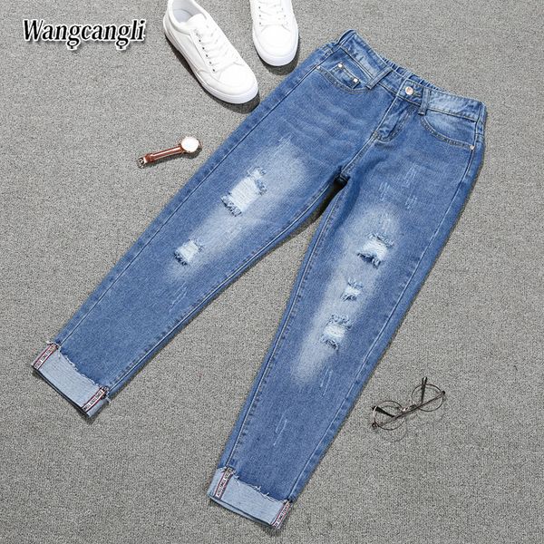 

fashion large size women's denim nine pants 2018 spring and summer high waist hole 5xl blue women's elastic feet pants 015#