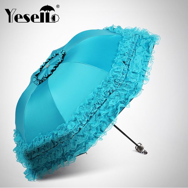 

yesello lace flower double layer umbrellas women sun rain princess umbrella blue lace wedding parasol great gift girl umbrella