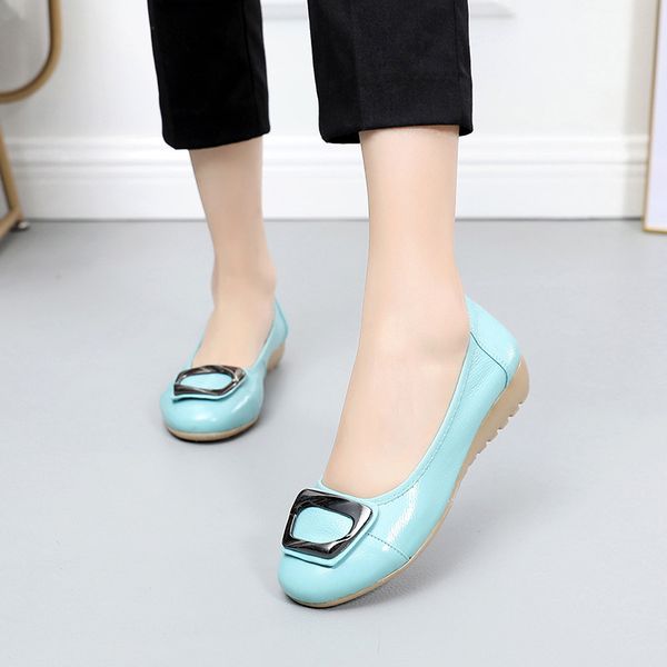 

oukahui spring genuine leather shallow ballet flats women shoes 2019 flat low heel metal buckle summer hollow out ladies flats, Black