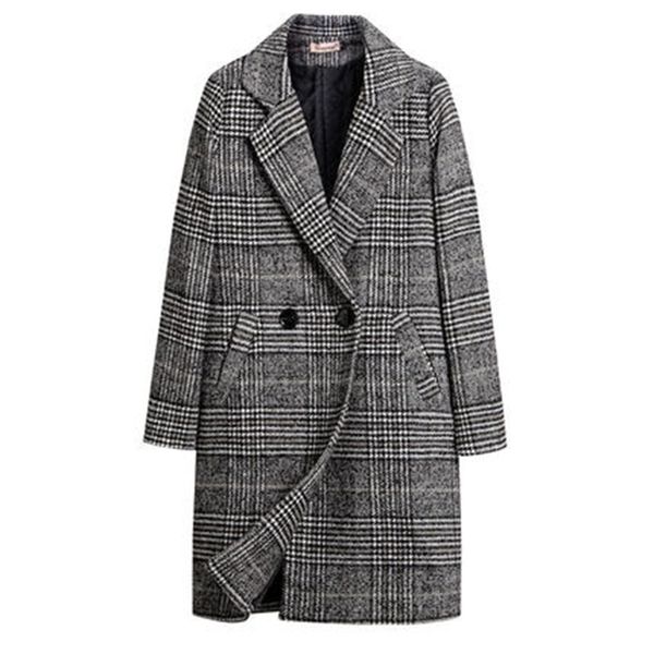 

women's korean plaid coat women's long loose windbreaker straight autumn winter thick woolen coat tide gray suit collar l65, Black