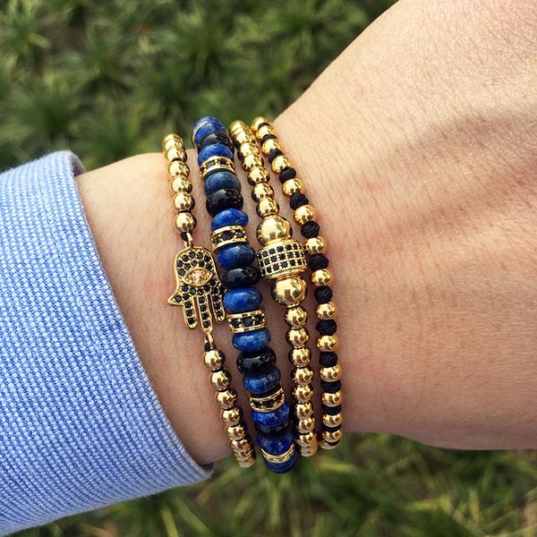 

beaded, strands fashion men bracelet set cz hand charm beads braided adjustable, Black