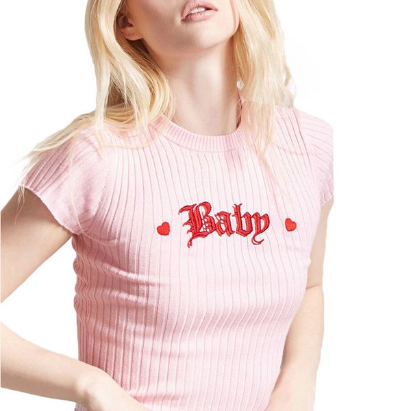 

t shirt women haoduoyi women 2019 new arrival baby heart animal print embroidery crop basic cute pink slim knitted tees, White