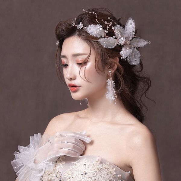 

bride headdress yarn flower hairband wedding hair jewelry fairy wedding white yarn flower bride wedding hair ornament, Golden;white