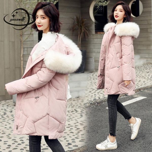 

womens parkas jacket winter female coats clothing zipper hooded thicken fur collar long style ladies outerwear clothes h128, Black