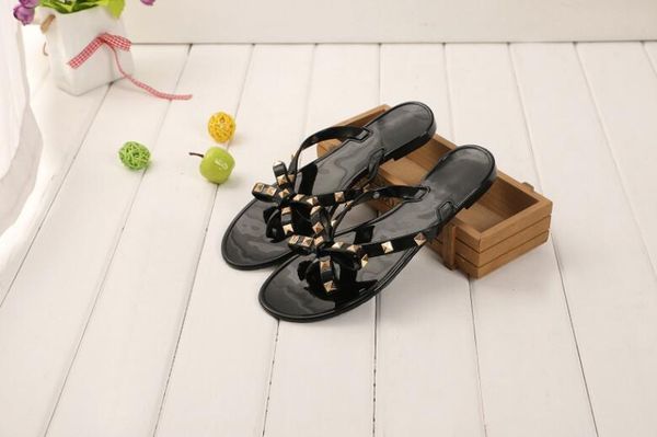 

factory outlets new woman summer sandals rivets big bowknot flip flops beach sandalias femininas flat jelly designers sandals, Black