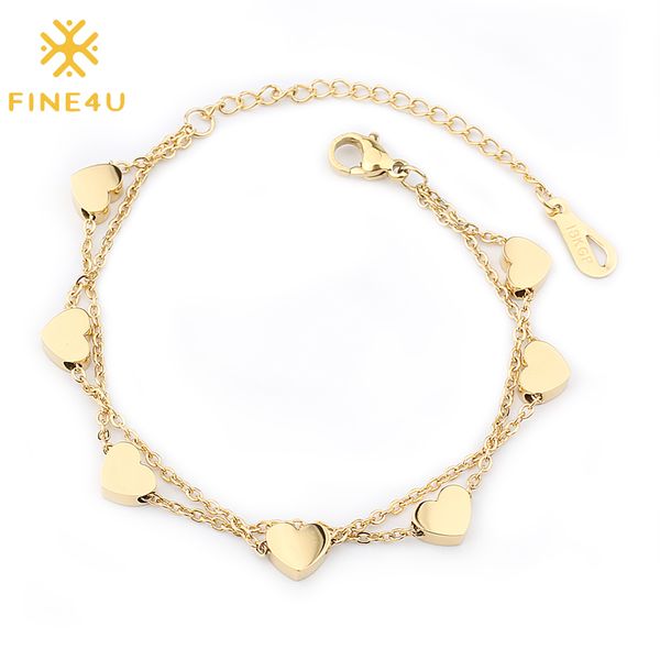 

fine4u b214 stainless steel tiny heart charms bracelets for women double layer link chains bracelet party dainty jewelry, Black
