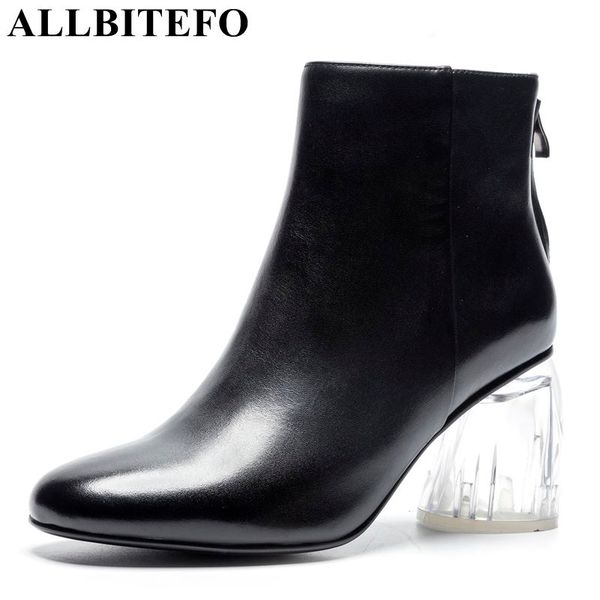 

allbitefo natural genuine leather women boots transparent heel design high heel shoes for girls ankle boots motorcycle, Black