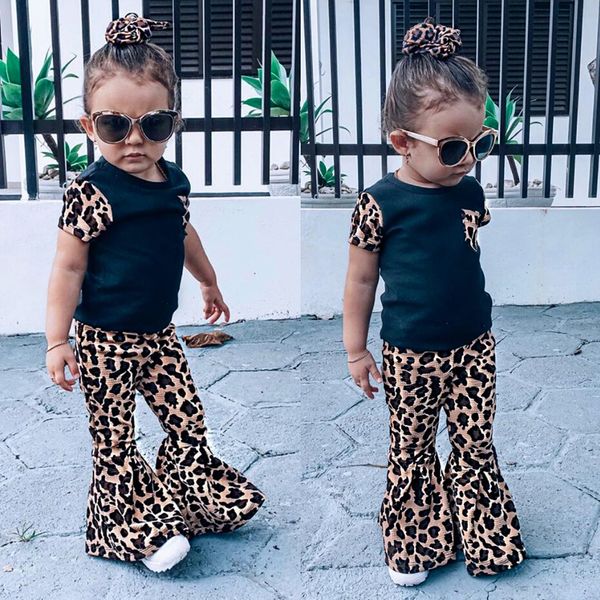 

toddler kids baby girl patchwork clothes t-shirt bell bottom pants outfits set brand-new clothes fashion sets, White