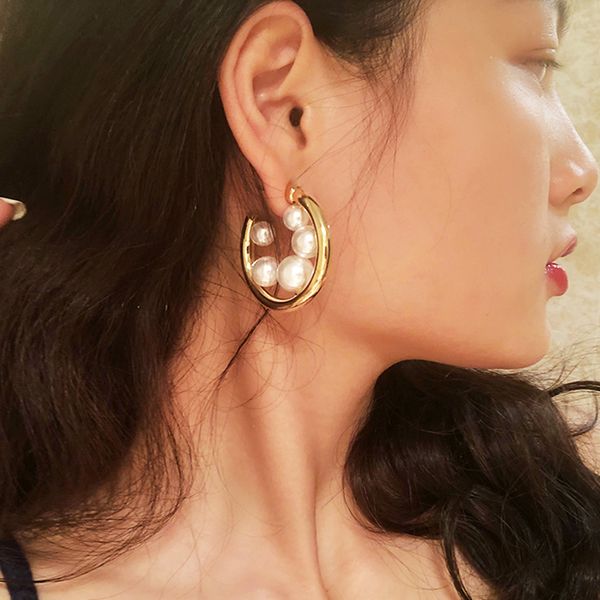 

ghidbk big graceful hollow simulated pearls hoop earrings bohemian statement pearl earring hoops simple street style ins earring, Golden;silver