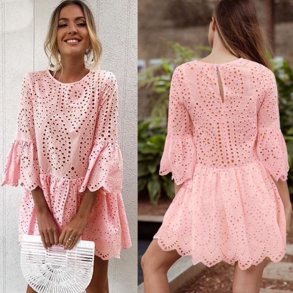 

summer bohemian women's dresses 5 colors button lace round neck 3/4 sleeves ruffled openwork dress women, Black;gray