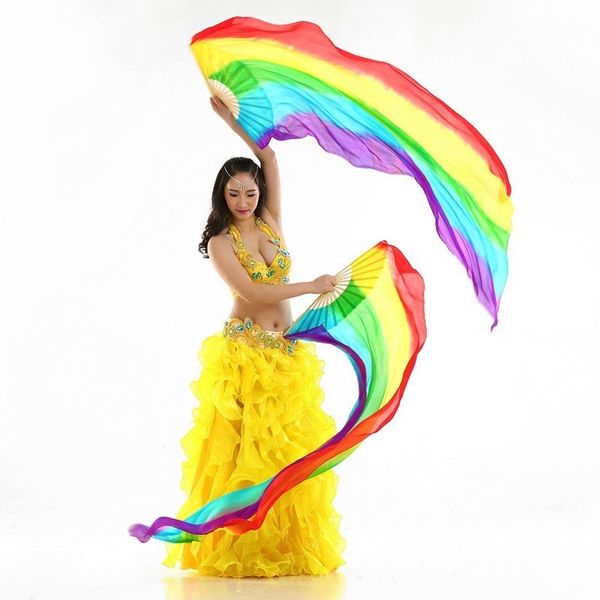 

belly dance real silk fan rainbow five color fan bellydance long dancing belly-dancing-clothes danse orientale india sari, Black;red