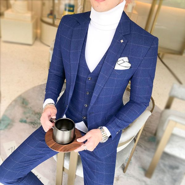 

navy blue plaid groom tuxedos notch lapel groomsman wedding 3 piece suit fashion men business jacket blazer(jacket+pants+tie+vest) 670, Black;gray