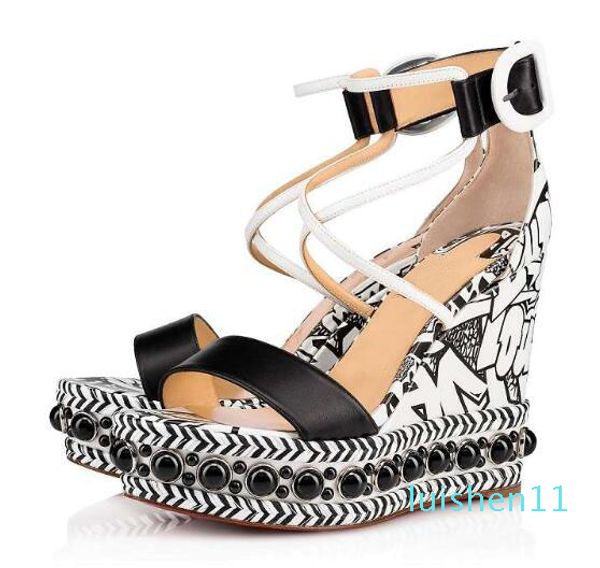 

lady red bottom shoes for wedge pearls studs women ankle strap gladiator sandals party wedding dress l11, Black