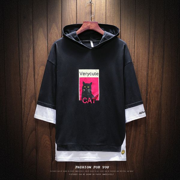 

2019 brand clothing men summer printed casual pure cotton short sleeve hoodies/male loose hoodies size s-5xl, Black