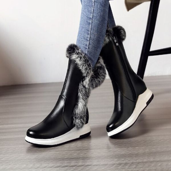 

faux fur women's winter boots fashion round toe wedges boots women botas mujer side zippers to keep warm women's middle, Black