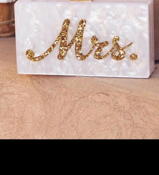 

fashion customized acrylic box clutches lady beach party handbag pearl white with silver glitter or gold glitter name mrs letter mx190819