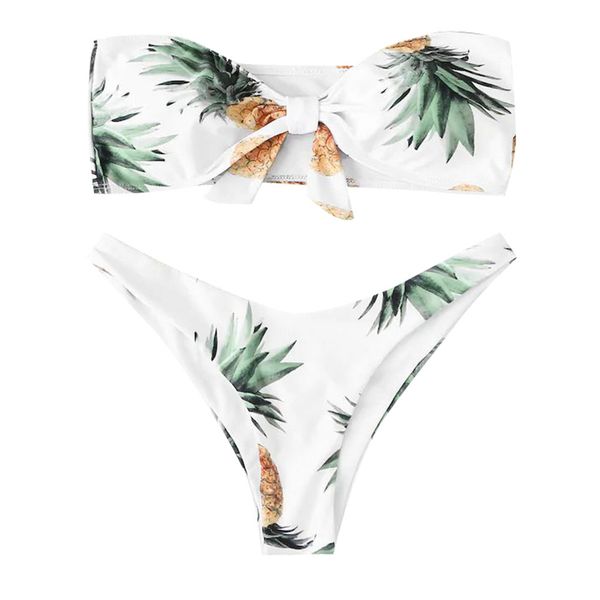 

summer women's pineapple print two piece swimsuit split swimwear strapless strap fresh bikini swimsuit beachwear, White;black
