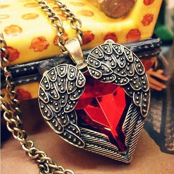

n102 ruby crystal heart necklace angel wing pendant long chain sweater necklaces women jewelry bijoux 2016 accessories sale, Silver