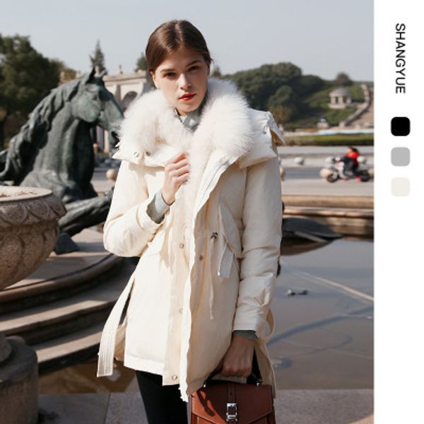 

winter 2019 new temperament thickened mid-long style parker collar trim down jacket female, Black
