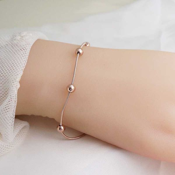 

thin snake chain beed charms bracelet women korean brief style rose gold color solid titanium stainless steel jewelry female, Black