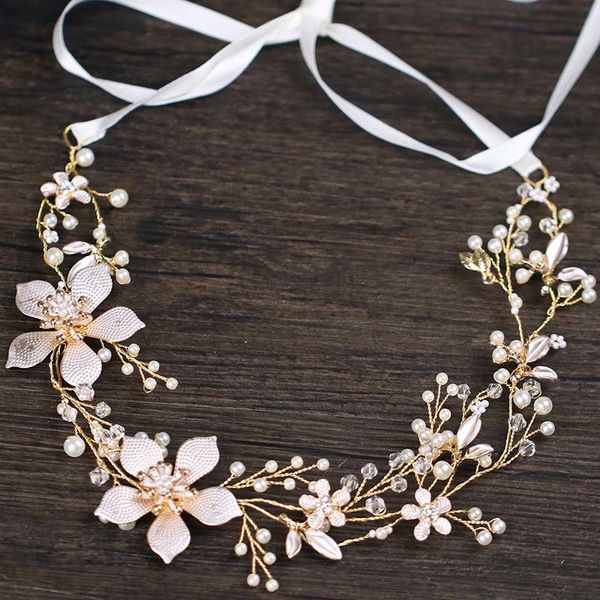 

golden leaf wired crystal rhinestone pearls flower bride hair vine hairband bridal headband wedding hair accessories sl, Golden;white