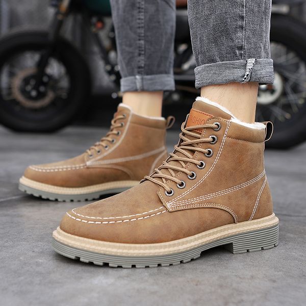 

vogue snow boots men winter plush warm men motorcycle boots lace-up male ankle waterproof autumn man work shoes, Black
