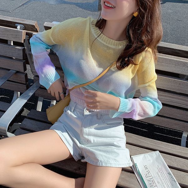 

mishow 2019 autumn women's pullover sweater korean gradient yellow round neck long sleeve female short sweaters mx19c5433, White;black
