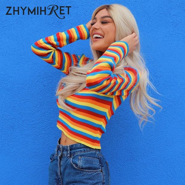 

zhymihret 2019 autumn rainbow striped sweater women long sleeves mock neck casual patchwork knitted pullovers crop femme, White;black