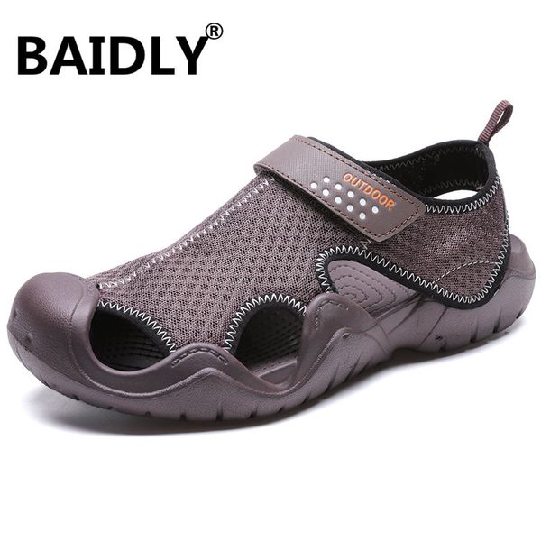 

sandals men summer slippers fashion casual peep toe mesh sandals shoes male outdoor non-slip flat beach slides slippers, Black