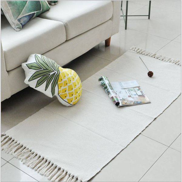 

white durable cotton handmade woven area rug for bedside/bedroom/livingroom machine washable rugs and carpet hallway floor mat