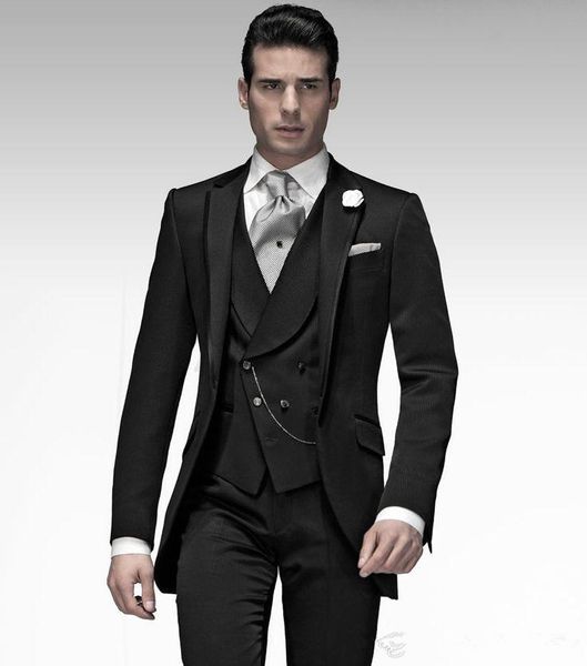 

groom tuxedos men wedding suits velevt peaked lapel man blazer jacket three-piece groomsmen wear evening prom party, Black;gray
