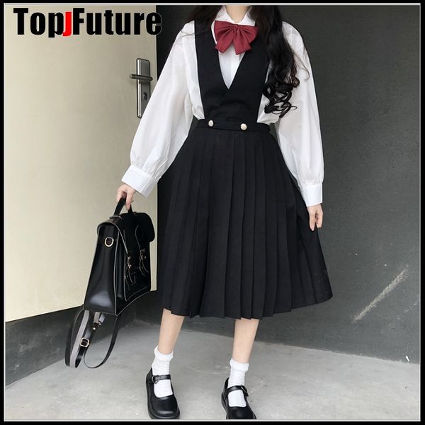 

school uniform skirt student cosplay costume pure black navy nursing skirt jk uniform pleated student vest dress, White