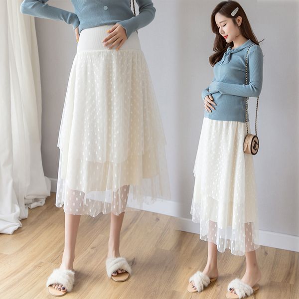 

022# sweet polka dot printed gauze maternity long skirt spring summer fashion skirts clothes for pregnant women lovely pregnancy, White