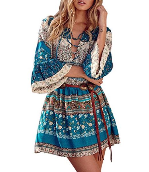 

akery women's bohemian v neck vintage printed loose casual boho dress, Black;gray