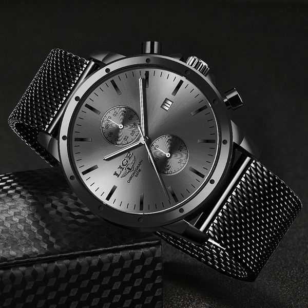 

watch men 2020 lige fashion brand casual mens watches big dial waterproof quartz clock all steel mesh belt sport chronograph, Slivery;brown