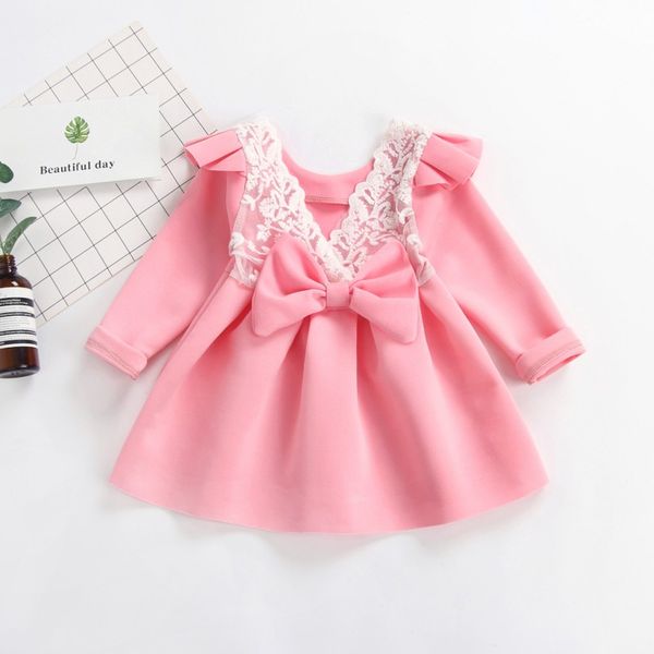 

kids clothes bowknot children clothing toddler kids baby girl dress cotton solid dress long sleeve backless lace princess, Red;yellow