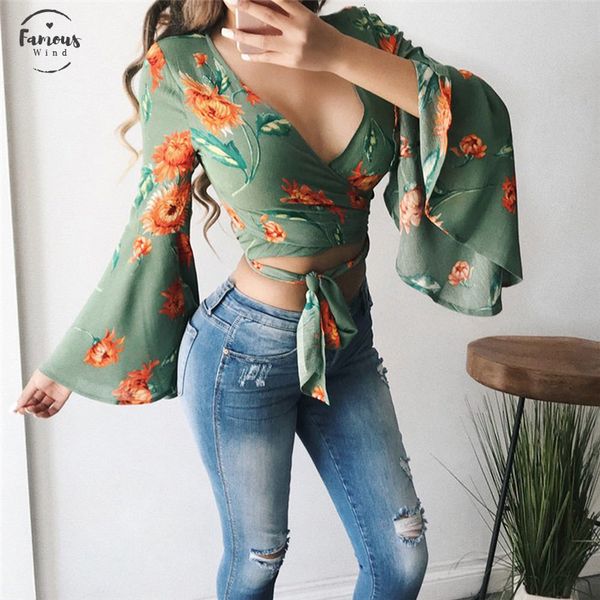 

цветочные лето шифон boho блуза женщины рубашки топы каникул вскользь с длинным рукавом бинты шифон лук v блузы femme blusa, White