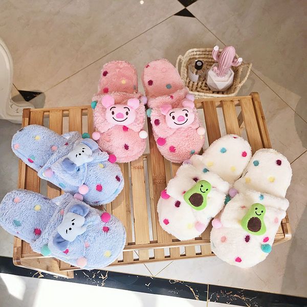 

winter new color polka dot plush cartoon slippers cute avocado pig warm cotton slippers elephant home slippers, Black