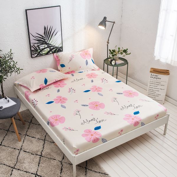 Pale Pink Print Bedding Bed Sheet With Pillowcase Cotton 180x200cm