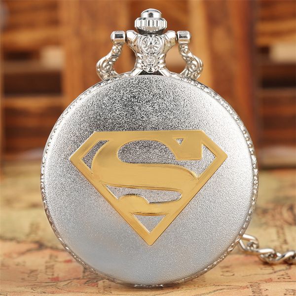 

fashion silver/bronze super man theme quartz pocket watch with 30 cm punk pocket chain xmas new year gifts, Slivery;golden