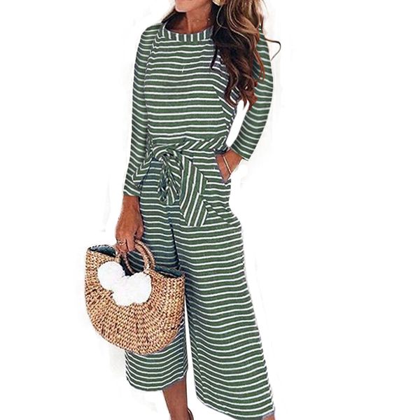 

goocheer fashion women jumpsuits long sleeve striped wide leg female autumn long sleeve jumpsuits sashes playsuits culotte, Black;white
