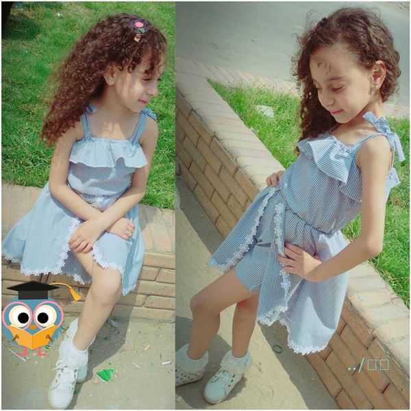 

summer girls striped dress skirt sleeveless lace up bowknot flower baby romper jumpsuit pantskirt kids princess dress for 1-6t 2019 a52202, Blue