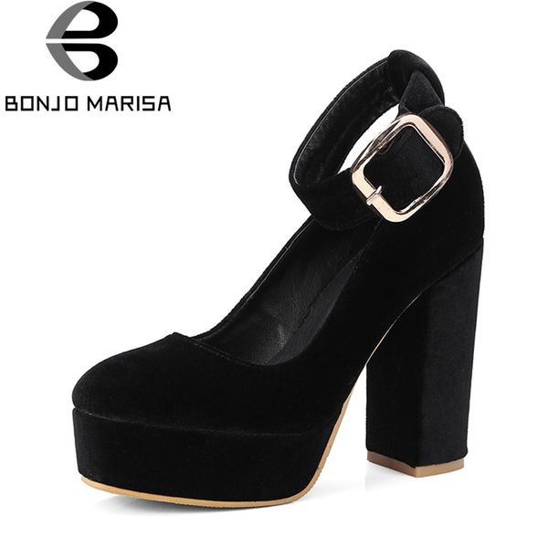 

bonjomarisa 2020 spring autumn new large size 32-42 black platform shallow ankle strap pumps super high heel women shoes