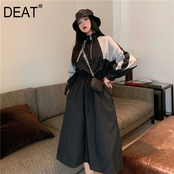

deat] women patchwork mixed color pocket dress new stand neck long sleeve loose fit fashion tide spring autumn 2020 13p390, Black;gray