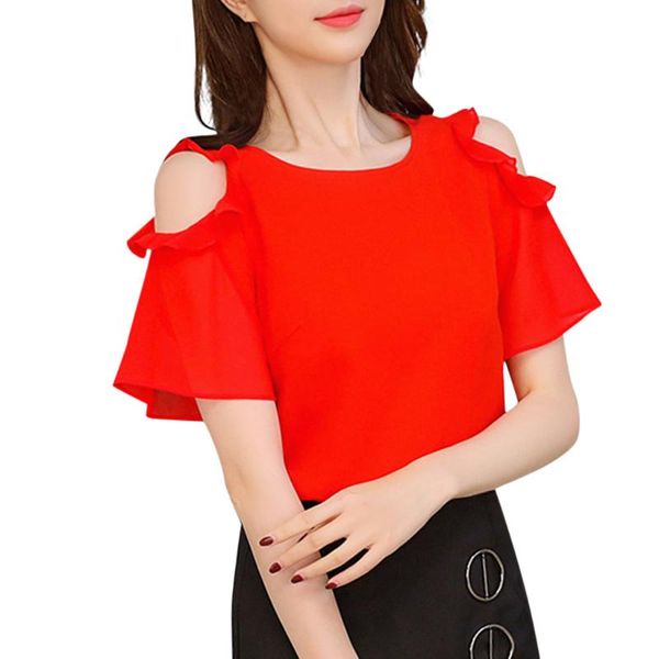 

women blouses work office ladies off shoulder ruffles short sleeve solid chiffon plus size shirt loose blusas feminina #lr1, White