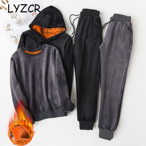 

lyzcr winter velvet tracksuit women two piece set warm thicken hooded feleece sweatshirt and pants 2 pieces sets sportswear, White